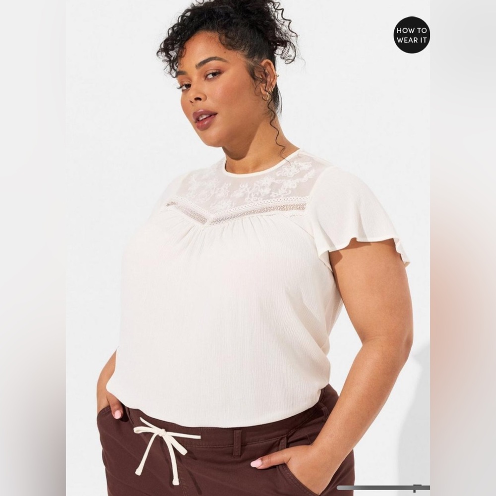 Torrid Crinkle Gauze Flutter Sleeve Lace Mix Top